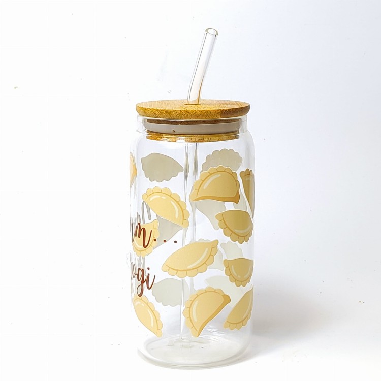 Szklany kubek 550 ml z pokrywką i słomką - mmmmm... pierogi, kubek dla miłośnika pierogów - pocichutku.pl