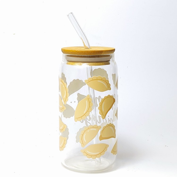Szklany kubek 550 ml z pokrywką i słomką - mmmmm... pierogi, kubek dla miłośnika pierogów - pocichutku.pl