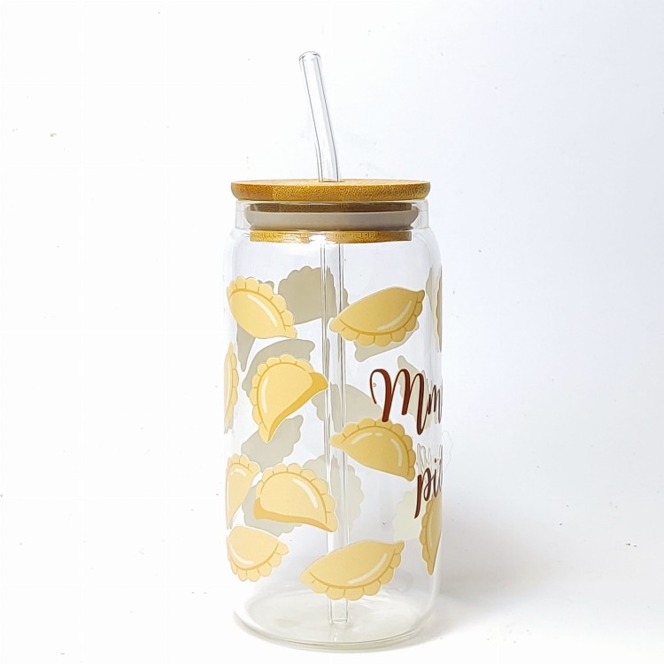 Szklany kubek 550 ml z pokrywką i słomką - mmmmm... pierogi, kubek dla miłośnika pierogów - pocichutku.pl