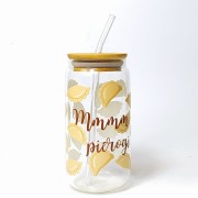 Szklany kubek 550 ml z pokrywką i słomką - mmmmm... pierogi, kubek dla miłośnika pierogów - pocichutku.pl