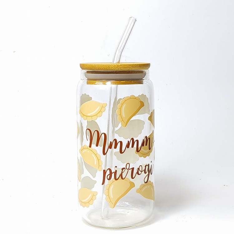 Szklany kubek 550 ml z pokrywką i słomką - mmmmm... pierogi, kubek dla miłośnika pierogów - pocichutku.pl