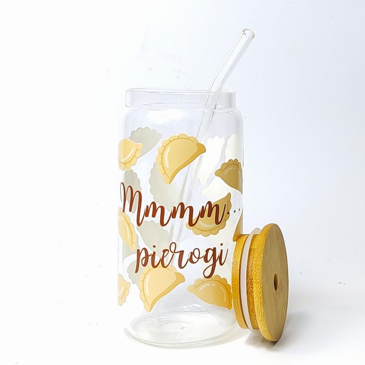 Szklany kubek 550 ml z pokrywką i słomką - mmmmm... pierogi, kubek dla miłośnika pierogów - pocichutku.pl