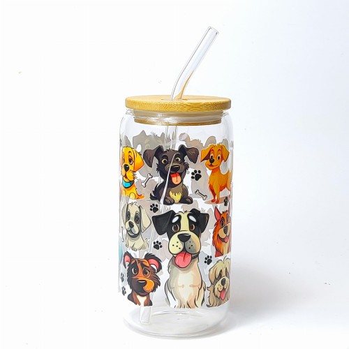 Szklany kubek 550 ml z bambusową pokrywką i słomką - OUTLET - kundelka - jeden z piesków uszkodzony - pocichutku.pl