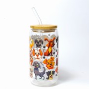 Szklany kubek 550 ml z bambusową pokrywką i słomką - OUTLET - kundelka - jeden z piesków uszkodzony - pocichutku.pl