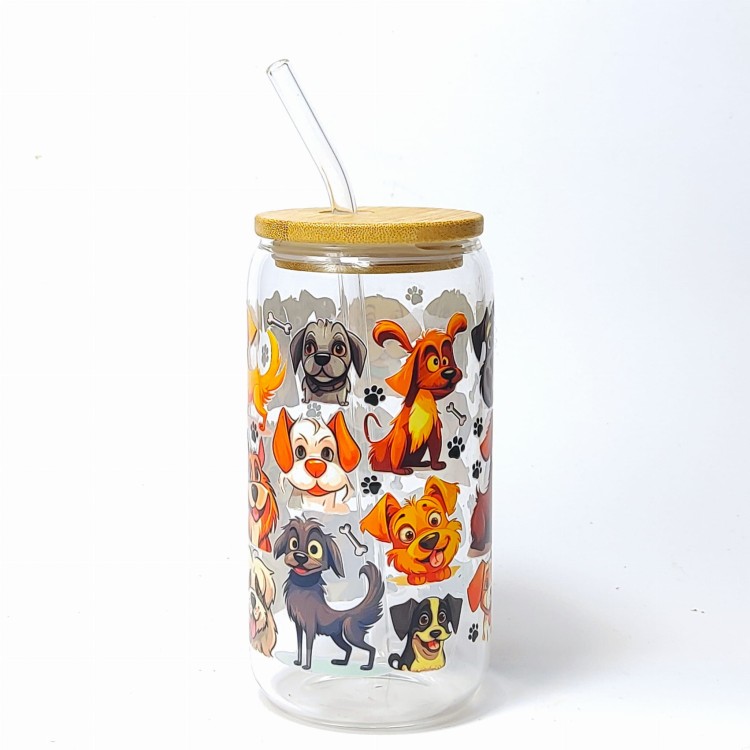 Szklany kubek 550 ml z bambusową pokrywką i słomką - OUTLET - kundelka - jeden z piesków uszkodzony - pocichutku.pl