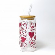 Szklanka z drewnianą pokrywką i słomką 550 ml - serduszka jak wino - trzy serduszka z lekkim uszkodzeniem - pocichutku.pl