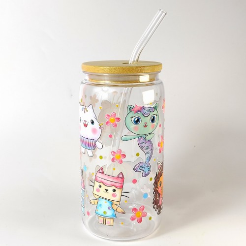 Szklanka plastikowa 550 ml z bambusową pokrywką i rurką - Koci Domek Gabi - pocichutku.pl