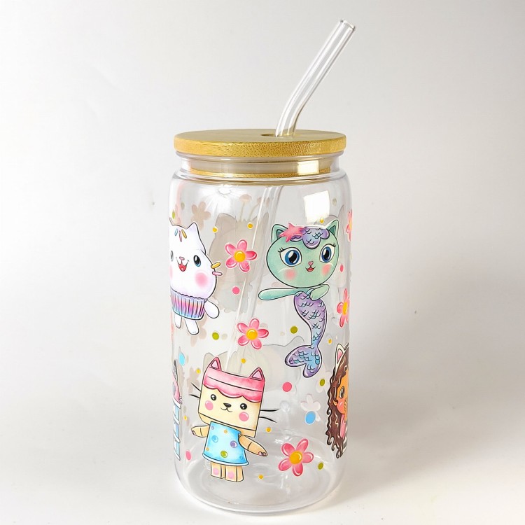 Szklanka plastikowa 550 ml z bambusową pokrywką i rurką - Koci Domek Gabi - pocichutku.pl