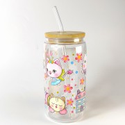 Szklanka plastikowa 550 ml z bambusową pokrywką i rurką - Koci Domek Gabi - pocichutku.pl