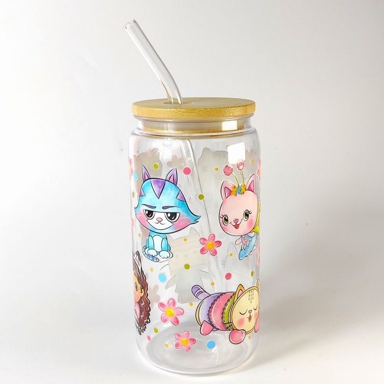 Szklanka plastikowa 550 ml z bambusową pokrywką i rurką - Koci Domek Gabi - pocichutku.pl