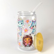 Szklanka plastikowa 550 ml z bambusową pokrywką i rurką - Koci Domek Gabi - pocichutku.pl