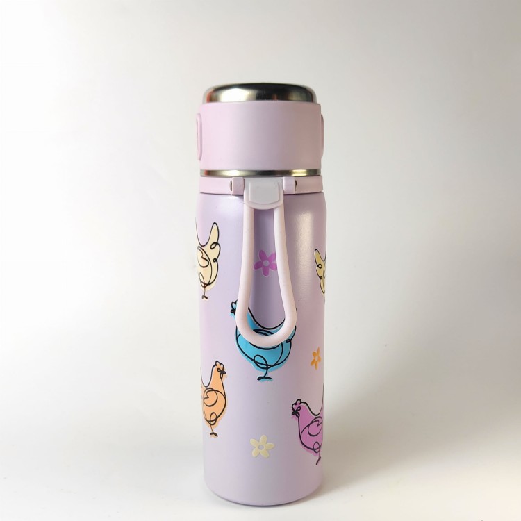 Termos 500 ml z sitkiem - kolorowe kury w jasnych radosnych kolorach - pocicutku.pl