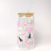 Szklany kubek 550 ml z szklaną rurką i pokrywką - espresso patronum w kolorze różowym - pocichutku.pl