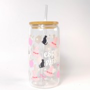 Szklany kubek 550 ml z szklaną rurką i pokrywką - espresso patronum w kolorze różowym - pocichutku.pl