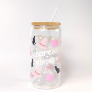 Szklany kubek 550 ml z szklaną rurką i pokrywką - espresso patronum w kolorze różowym - pocichutku.pl