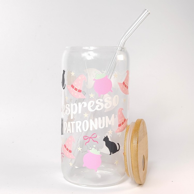 Szklany kubek 550 ml z szklaną rurką i pokrywką - espresso patronum w kolorze różowym - pocichutku.pl