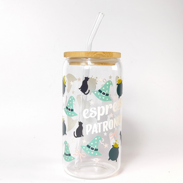 Szklany kubek 550 ml z szklaną rurką i pokrywką - espresso patronum w kolorze zielonym - pocichutku.pl