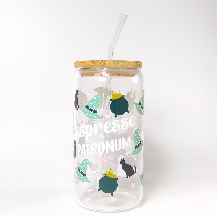 Szklany kubek 550 ml z szklaną rurką i pokrywką - espresso patronum w kolorze zielonym - pocichutku.pl