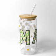 Szklany kubek 550 ml z rurką i pokrywką - w odcieniach zielonego napis "mama" z stokrotkami na i wokół napisu - pocichutku.pl