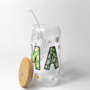 Szklany kubek 550 ml z rurką i pokrywką - w odcieniach zielonego napis "mama" z stokrotkami na i wokół napisu - pocichutku.pl