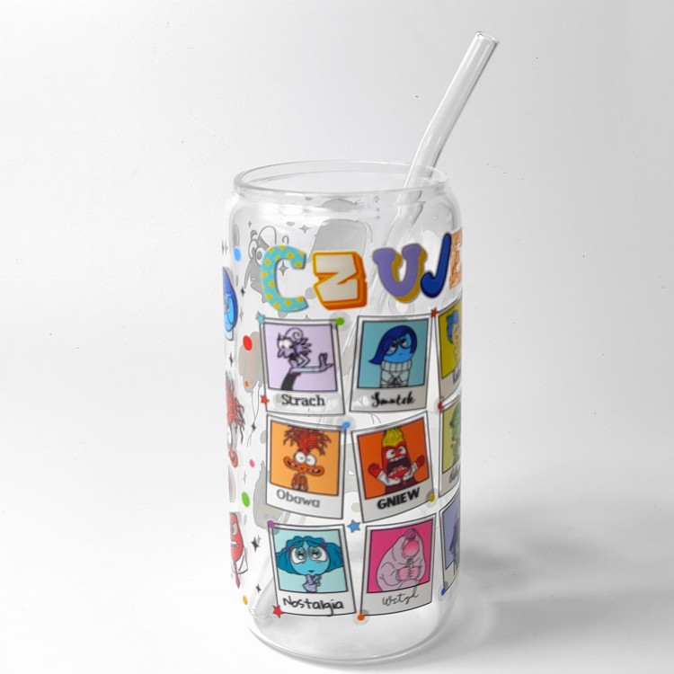 Szklany kubek 550 ml z szklaną słomką i pokrywką - W głowie się nie mieści 2 CZUJĘ wersja polska - pocichutku.pl