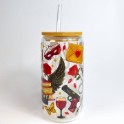 Szklany kubek 550 ml z szklaną rurką i pokrywką -z piekła rodem, nawiązujący do książek z motywem romansów nadprzyrodzonych - pocichutku.pl