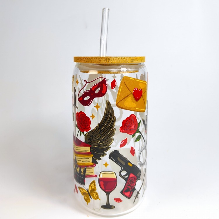 Szklany kubek 550 ml z szklaną rurką i pokrywką -z piekła rodem, nawiązujący do książek z motywem romansów nadprzyrodzonych - pocichutku.pl
