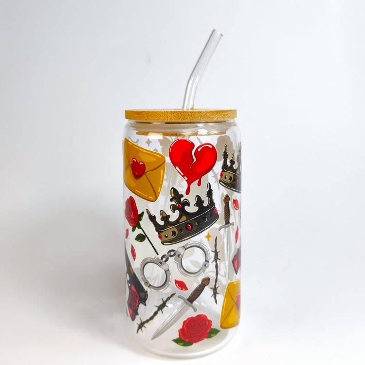 Szklany kubek 550 ml z szklaną rurką i pokrywką -z piekła rodem, nawiązujący do książek z motywem romansów nadprzyrodzonych - pocichutku.pl