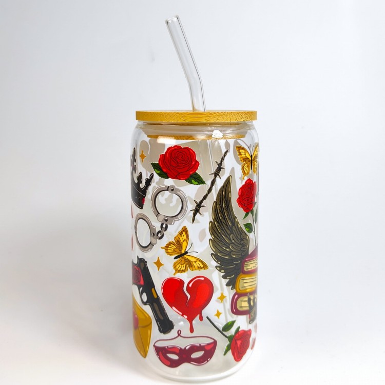 Szklany kubek 550 ml z szklaną rurką i pokrywką -z piekła rodem, nawiązujący do książek z motywem romansów nadprzyrodzonych - pocichutku.pl