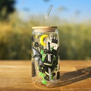 Szklany kubek 550 ml z bambusową pokrywką i słomką - Smocza tajemnica w wersji czarno zielonej - pocicutku.pl