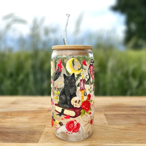 Szklany kubek 550 ml z pokrywką i szklaną słomką - czarny kot w stylu Edgar Alana Poe czarny kruk - pocichutku.pl