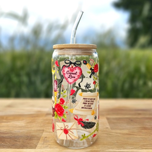 Szklany kubek 550 ml z pokrywką i szklaną słomką - czarny kot w stylu Edgar Alana Poe czarny kruk - pocichutku.pl