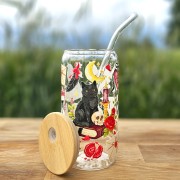 Szklany kubek 550 ml z pokrywką i szklaną słomką - czarny kot w stylu Edgar Alana Poe czarny kruk - pocichutku.pl