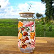Szklany kubek 550  ml z pokrywką i słomką - cozy fall w kolorach różu, brązu i pomarańczy - pocichutku.pl