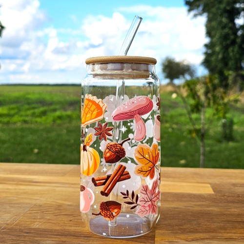 Szklany kubek 550  ml z pokrywką i słomką - cozy fall w kolorach różu, brązu i pomarańczy - pocichutku.pl
