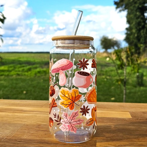 Szklany kubek 550  ml z pokrywką i słomką - cozy fall w kolorach różu, brązu i pomarańczy - pocichutku.pl