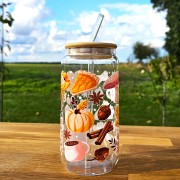 Szklany kubek 550  ml z pokrywką i słomką - cozy fall w kolorach różu, brązu i pomarańczy - pocichutku.pl