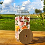 Szklany kubek 550  ml z pokrywką i słomką - cozy fall w kolorach różu, brązu i pomarańczy - pocichutku.pl