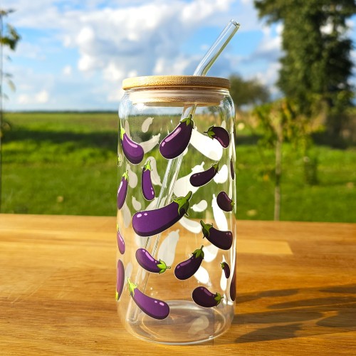 Szklany kubek 550  ml z pokrywką i słomką - bakłażany  - pocichutku.pl