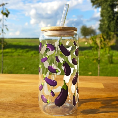 Szklany kubek 550  ml z pokrywką i słomką - bakłażany  - pocichutku.pl