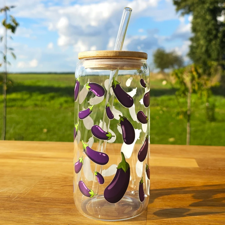 Szklany kubek 550  ml z pokrywką i słomką - bakłażany  - pocichutku.pl