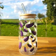 Szklany kubek 550  ml z pokrywką i słomką - bakłażany  - pocichutku.pl