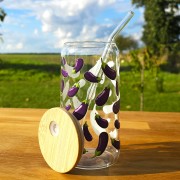 Szklany kubek 550  ml z pokrywką i słomką - bakłażany  - pocichutku.pl