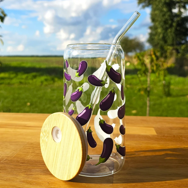 Szklany kubek 550  ml z pokrywką i słomką - bakłażany  - pocichutku.pl
