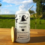 Szklany kubek 550  ml z pokrywką i słomką - Wiedźmi wywar na mlecznym szkle - pocichutku.pl