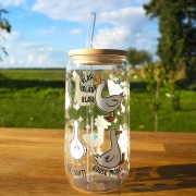 Szklany kubek 550  ml z pokrywką i słomką - zabawne gąski - pocichutku.pl