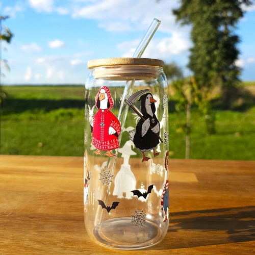 Szklany kubek 550  ml z pokrywką i słomką - gąski w przebraniach z popularnych horrorów - pocichutku.pl