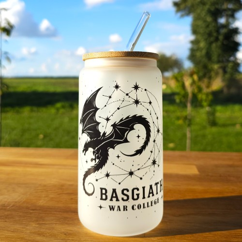 Szklany kubek 550  ml z pokrywką i słomką - Fourth wing czwarte skrzydło - pocichutku.pl