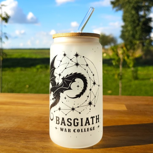 Szklany kubek 550  ml z pokrywką i słomką - Fourth wing czwarte skrzydło - pocichutku.pl