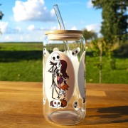 Szklany kubek 550  ml z pokrywką i słomką - inspirowany filmami Tima Burtona - pocichutku.pl
